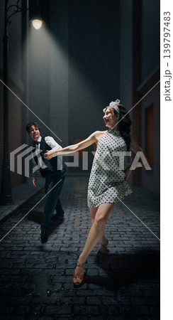 Retro couple dancing lindy hop in night city street under lamplight romantic vintage lifestyle energy 139797483