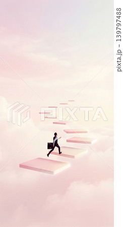 Businessman walking on floating steps in clouds minimal pastel artwork. Businessman walking on floating steps in clouds minimal pastel artwork. 139797488