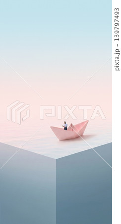 Businessman standing in paper boat on minimal pastel water surface. Businessman standing in paper boat on minimal pastel water surface. 139797493