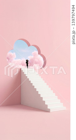 Minimal stairs leading to cloud doorway with businessman on pink background. Minimal stairs leading to cloud doorway with businessman on pink background. 139797494