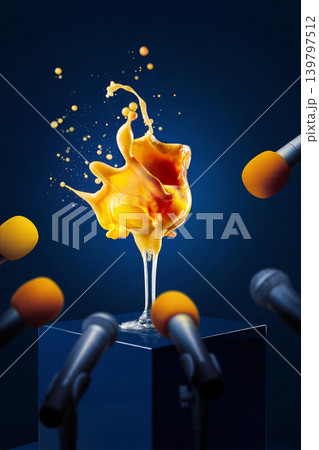 Orange cocktail splash bursting on pedestal surrounded by microphones on dark blue background Orange cocktail splash bursting on pedestal surrounded by microphones on dark blue background 139797512