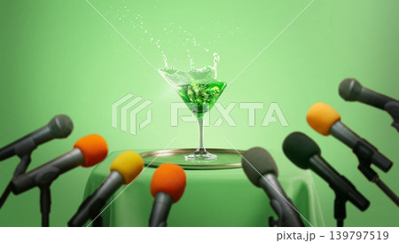Green cocktail glass splashing on table surrounded by microphones against green background Green cocktail glass splashing on table surrounded by microphones against green background 139797519