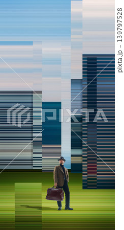 Man with leather bag standing in abstract glitch city landscape with vertical digital structures. 139797528