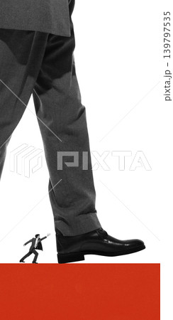 Tiny businessman pushing against giant leg concept of resistance and struggle in corporate system 139797535
