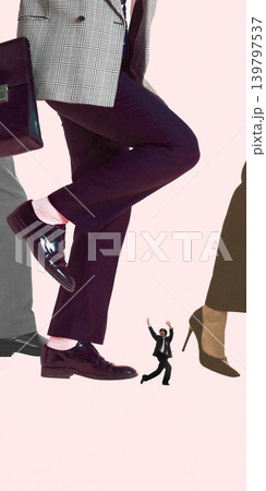 Tiny businessman under giant walking legs concept of overwhelm and corporate pressure 139797537