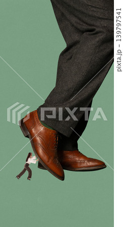 Tiny businesswoman pushing giant shoe concept of resistance and fighting corporate pressure Tiny businesswoman pushing giant shoe concept of resistance and fighting corporate pressure 139797541
