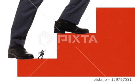 Giant legs stepping over tiny businessman climbing stairs concept of career obstacles. Giant legs stepping over tiny businessman climbing stairs concept of career obstacles. 139797551