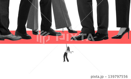 Tiny woman under giant legs symbol of pressure and corporate domination Tiny woman under giant legs symbol of pressure and corporate domination 139797556