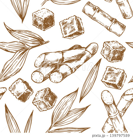 Sugarcane. Seamless pattern in sketch style. Retro print of sugarcane stems and brown sugar. Sugarcane. Seamless pattern in sketch style. Retro print of sugarcane stems and brown sugar. 139797589