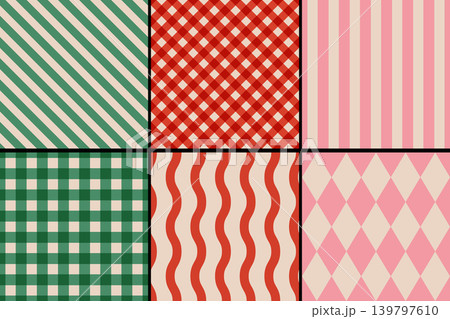 Vector set of retro classic geometric patterns for Christmas and New year. Vintage seamless gingham, plaid and striped patterns for winter holidays. Vector set of retro classic geometric patterns for Christmas and New year. Vintage seamless gingham, plaid and striped patterns for winter holidays. 139797610