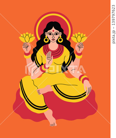 Hindu Goddess Lakshmi in traditional costume with lotus flowers in hands. Colorful illustration. 139797623