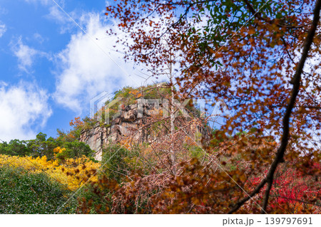 豪渓　紅葉越しの晩秋の天柱山1　岡山県総社市 139797691