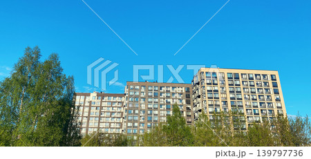 Architecture and real estate, modern residential apartment building with large panoramic windows Architecture and real estate, modern residential apartment building with large panoramic windows 139797736