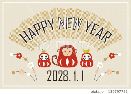 2028年を祝う猿とダルマがモチーフの和柄申年年賀はがきテンプレート 139797751