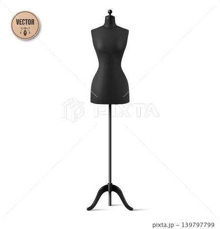 Vector 3d Black Tailor Mannequin. Dress Form on Stand Isolated. Realistic Sewing Dummy for Fashion Design, Atelier, Boutique and Clothing Display 139797799