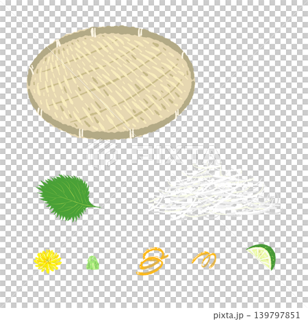 一套生魚片配菜（檸檬）和一個圓形竹籃（成品擺盤）。 139797851