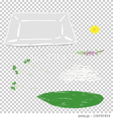 刺身のあしらいと白い角皿のセット(盛り付け完成図) 刺身のあしらいと白い角皿のセット(盛り付け完成図) 139797854