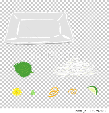 刺身のあしらい(レモン)と白い角皿のセット(盛り付け完成図) 刺身のあしらい(レモン)と白い角皿のセット(盛り付け完成図) 139797855