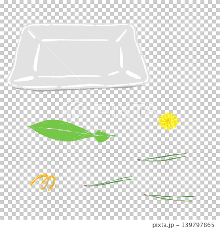 笹と菊とゆず皮のあしらいと白い角皿のセット(盛り付け完成図) 笹と菊とゆず皮のあしらいと白い角皿のセット(盛り付け完成図) 139797865