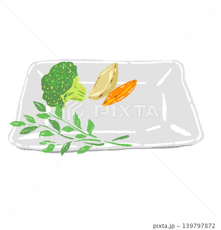 ステーキの付け合わせ野菜と白い角皿のセット(盛り付け完成図) ステーキの付け合わせ野菜と白い角皿のセット(盛り付け完成図) 139797872