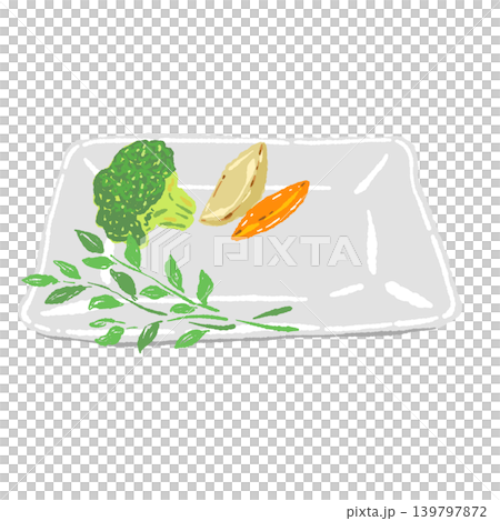 ステーキの付け合わせ野菜と白い角皿のセット(盛り付け完成図) ステーキの付け合わせ野菜と白い角皿のセット(盛り付け完成図) 139797872