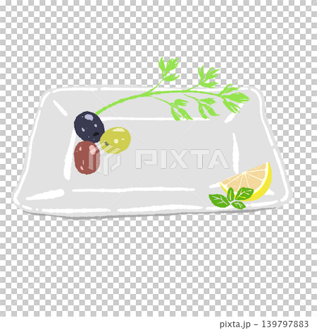 A set of olives, lemons, herbs, and a white square plate (finished plating diagram). A set of olives, lemons, herbs, and a white square plate (finished plating diagram). 139797883