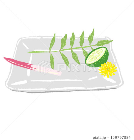 木の芽とはじかみとすだちのあしらいと白い角皿（盛り付け完成図） 139797884