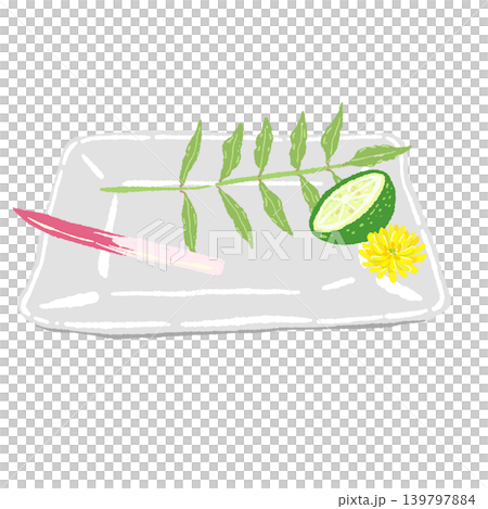 木の芽とはじかみとすだちのあしらいと白い角皿（盛り付け完成図） 139797884