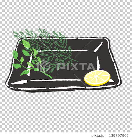A set of herbs and lemon garnish on a black square plate (finished plating diagram). 139797905