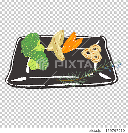 Steak with broccoli and potato side dishes on a black square plate (finished presentation). 139797910