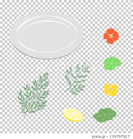 A set of herbs and nasturtiums garnished on a white plate (finished plating diagram) A set of herbs and nasturtiums garnished on a white plate (finished plating diagram) 139797927