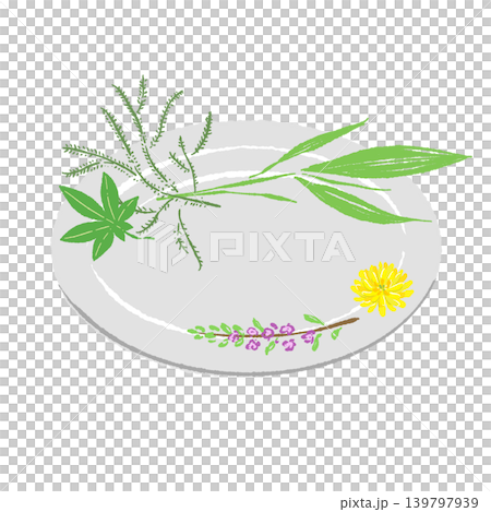 A set of maple leaves and pine needles as garnish and served on a white plate (finished presentation). A set of maple leaves and pine needles as garnish and served on a white plate (finished presentation). 139797939
