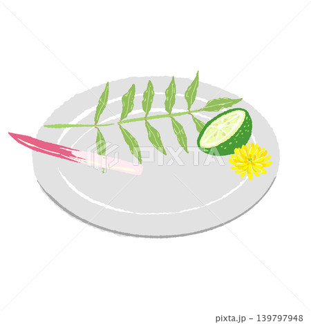木の芽とはじかみとすだちのあしらいと白皿(盛り付け完成図) 木の芽とはじかみとすだちのあしらいと白皿(盛り付け完成図) 139797948