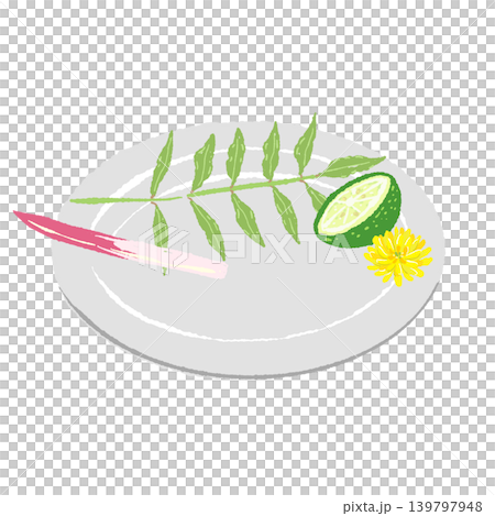 Garnish with young buds, pickled ginger, and sudachi citrus, served on a white plate (finished plating). Garnish with young buds, pickled ginger, and sudachi citrus, served on a white plate (finished plating). 139797948