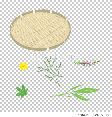 A set of maple leaves, pine needles, and a round bamboo basket (finished serving picture) A set of maple leaves, pine needles, and a round bamboo basket (finished serving picture) 139797959