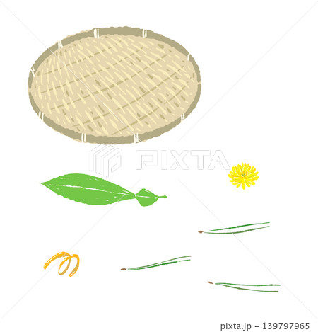 笹と菊とゆず皮のあしらいと丸い竹ザルのセット(盛り付け完成図) 笹と菊とゆず皮のあしらいと丸い竹ザルのセット(盛り付け完成図) 139797965