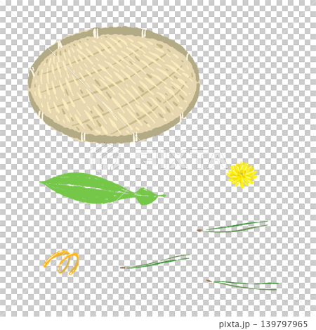 笹と菊とゆず皮のあしらいと丸い竹ザルのセット(盛り付け完成図) 笹と菊とゆず皮のあしらいと丸い竹ザルのセット(盛り付け完成図) 139797965
