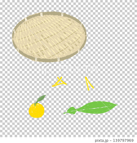 A set of yuzu citrus fruit, yuzu peel, and a round bamboo basket (finished serving picture) 139797969