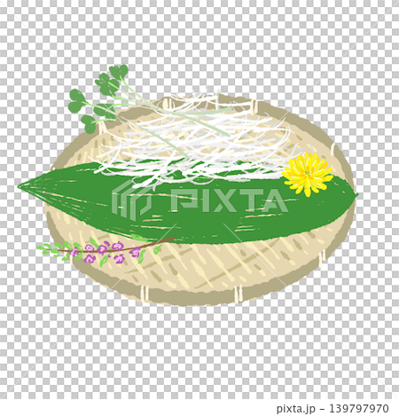 A set of garnishes for sashimi and a round bamboo basket (finished presentation). 139797970