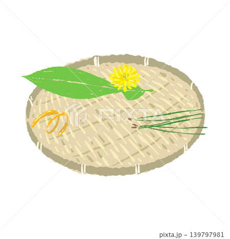 笹と菊とゆず皮のあしらいと丸い竹ザルのセット(盛り付け完成図) 笹と菊とゆず皮のあしらいと丸い竹ザルのセット(盛り付け完成図) 139797981