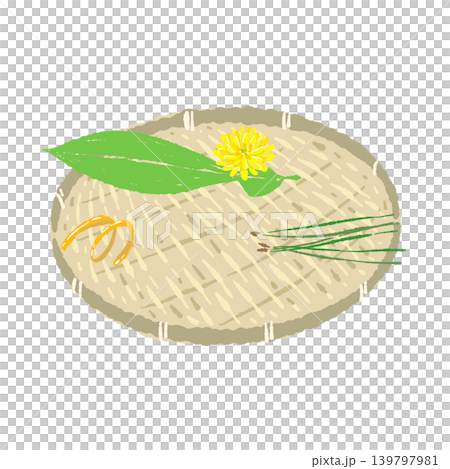 笹と菊とゆず皮のあしらいと丸い竹ザルのセット(盛り付け完成図) 笹と菊とゆず皮のあしらいと丸い竹ザルのセット(盛り付け完成図) 139797981
