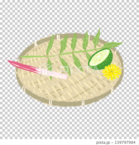 木の芽とはじかみのあしらいと丸い竹ザルのセット(盛り付け完成図) 木の芽とはじかみのあしらいと丸い竹ザルのセット(盛り付け完成図) 139797984