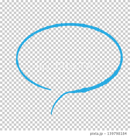 Speech bubble only, blue line art, hand-drawn style, transparent oval background (bottom left), transparent background illustration. 139798184