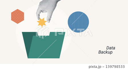 Trendy Halftone Collage of a halftone hand dropping a star into a large folder with geometric shapes, symbolizing data backup and file storage, ideal for technology and IT content. Trendy Halftone Collage of a halftone hand dropping a star into a large folder with geometric shapes, symbolizing data backup and file storage, ideal for technology and IT content. 139798533