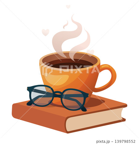 illustration featuring a steaming cup of coffee placed on a closed book with eyeglasses in front. illustration featuring a steaming cup of coffee placed on a closed book with eyeglasses in front. 139798552