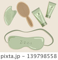 Minimalist Spa Set Vector Top View of Jade Guasha Stone Wooden Massage Brush Green Sleep Mask and Cosmetic Cream Tubes for Wellness Skincare Branding 139798558