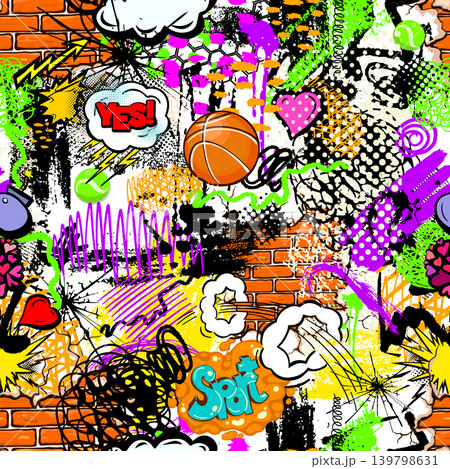 Seamless graffiti sports background . Hand drawn. Not AI, vector illustration. Seamless graffiti sports background . Hand drawn. Not AI, vector illustration. 139798631