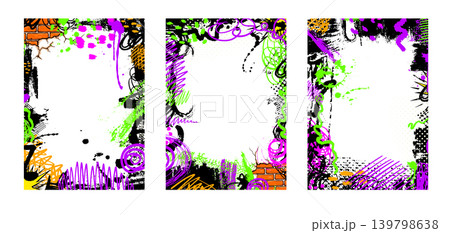 Grunge vibrant colorful frame templates featuring doodles, spray paint, and ink drops. A set of graffiti art backgrounds with abstract street art elements. Hand drawn. Not AI, vector illustration. 139798638