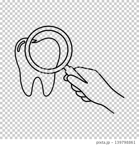 A line icon of a hand holding a magnifying glass; teeth A line icon of a hand holding a magnifying glass; teeth 139798861