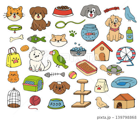 Colored pet doodle set with animals and accessories on white background Colored pet doodle set with animals and accessories on white background 139798868
